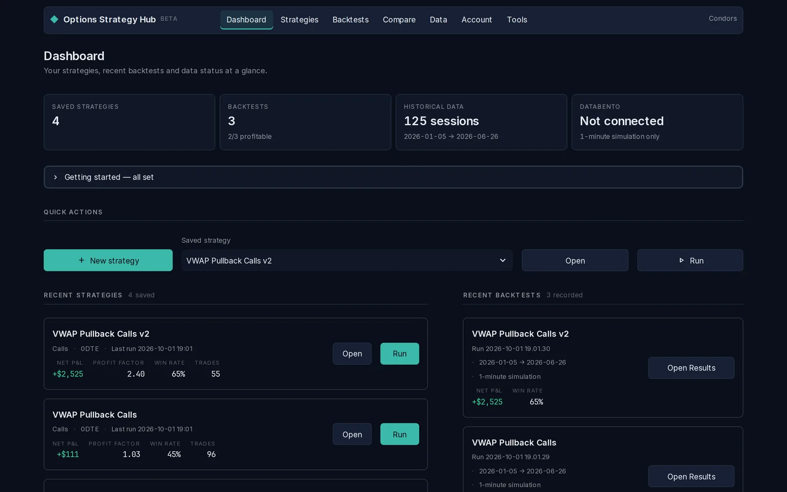 Options Strategy Hub dashboard with saved strategy and backtest counts, historical data coverage, and recent strategies and backtests.
